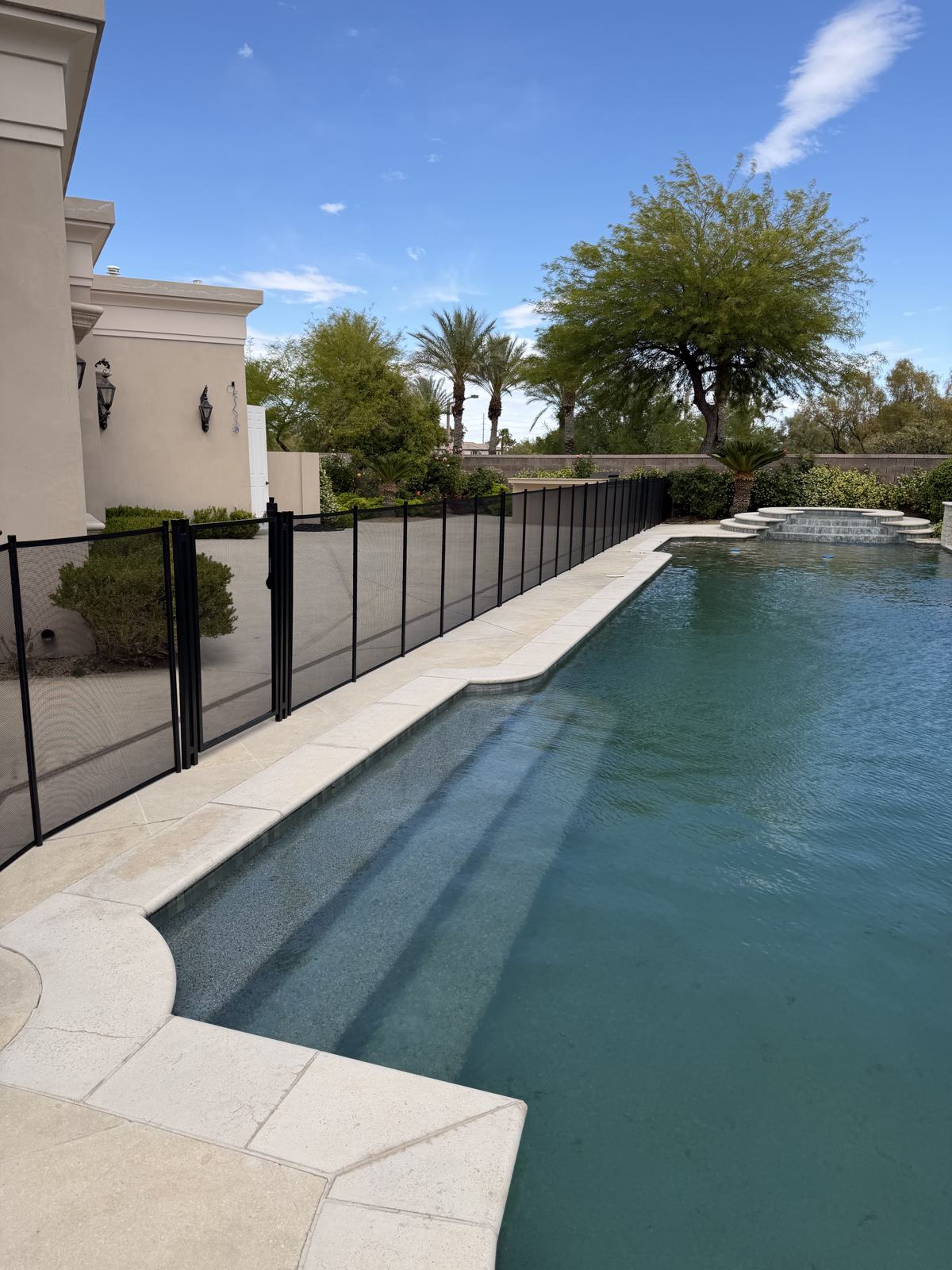 Black child safety removable fence along a pool